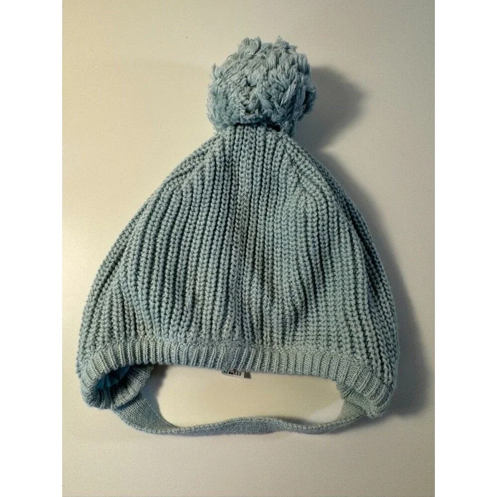 Janie And Jack Soft Green Rib Knit Winter Hat Pom Pom With Chin Strap 3-6 months